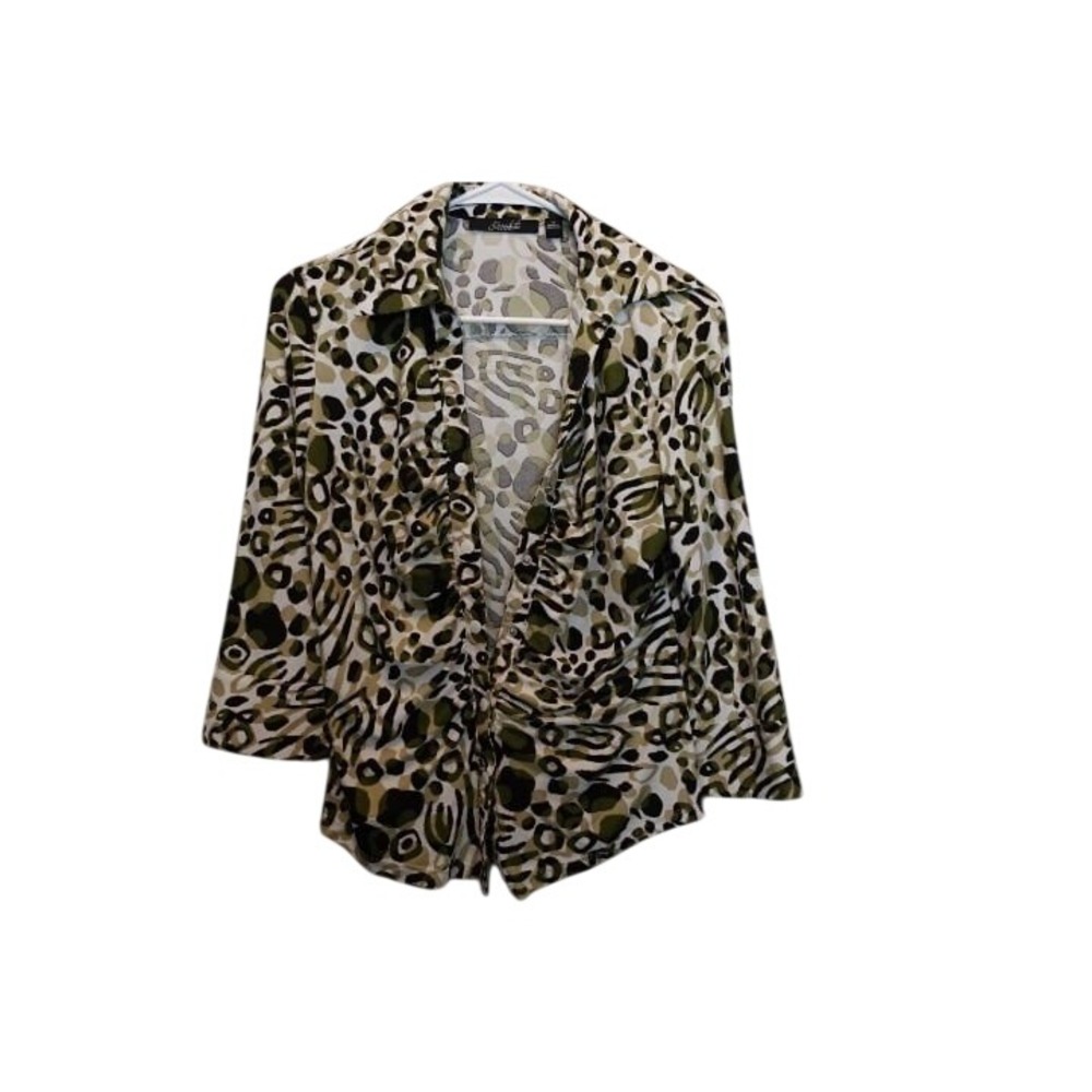 Essentials by Milano Olive Green Animal Print Ruched Button‎ Front Blouse Medium